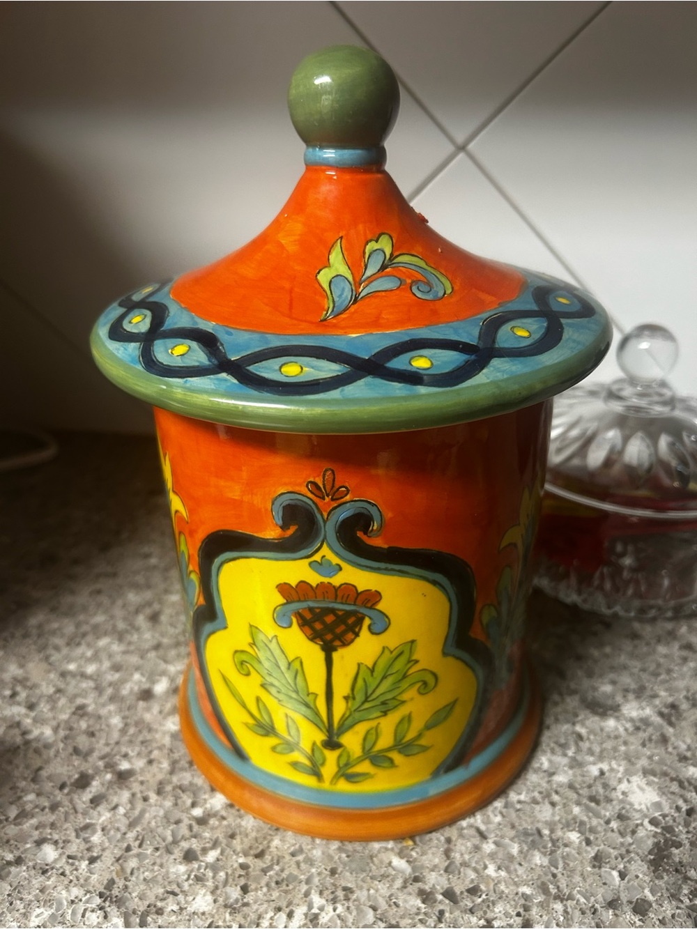 Hand-Painted Decorative Ceramic Canister in Orange, Yellow, and Green